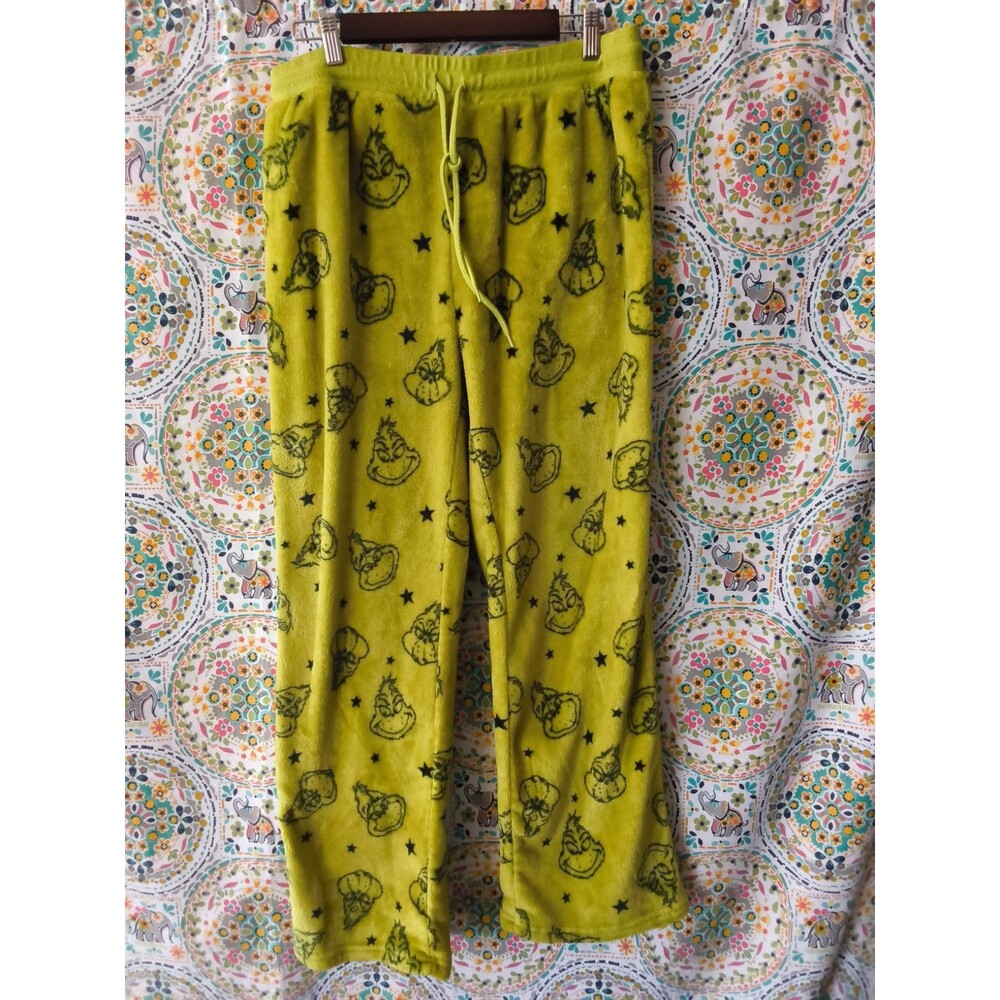 Dr Seuss The Grinch Plush Graphic Joggers Pajamas Women's XL Lime Green Face